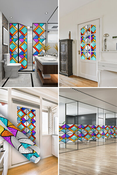 Dekoros Renkli Buzlu Cam Görünümlü Yapışkanlı Folyo, Duşakabin, Mutfak, Banyo...