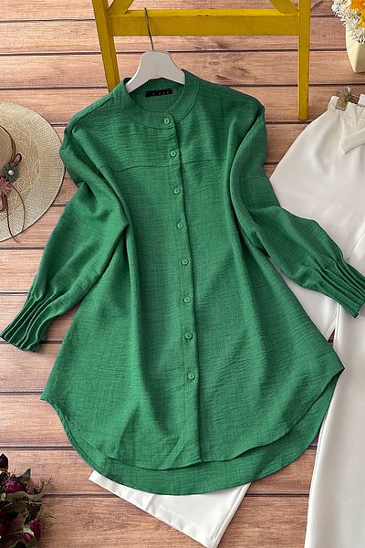 MODAQU Sleeve Ribbed Detailed Linen Shirt Green
