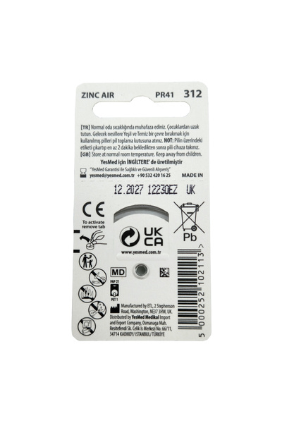 YesMed Extra Power 312 No Işitme Cihazı Pili (5paketx6adet =30adetpil ) Hediye Prowax Minifit Filtre