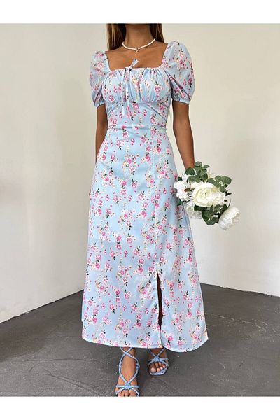 Fav Style Rochie midi de damă cu model floral, mânecă scurtă cu balon, căptușită cu cravată în față, albastră