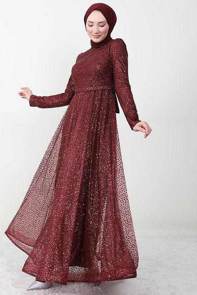 GİZ AGİYİM Farya Hijab Evening Dress Claret Red