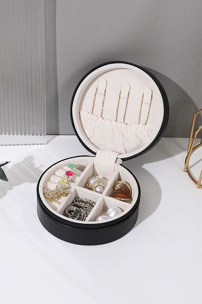 Chavin Black Leather Travel Ring Earrings Necklace Jewelry Box st1-68sy