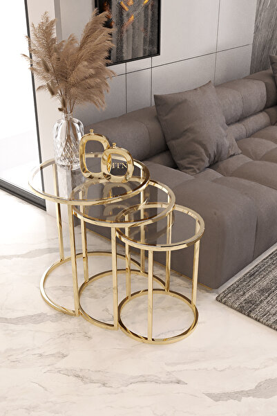 Nies Aksesuar Armoni 3'Lü Zigon Sehpa Golda Ayak Şeffaf Cam