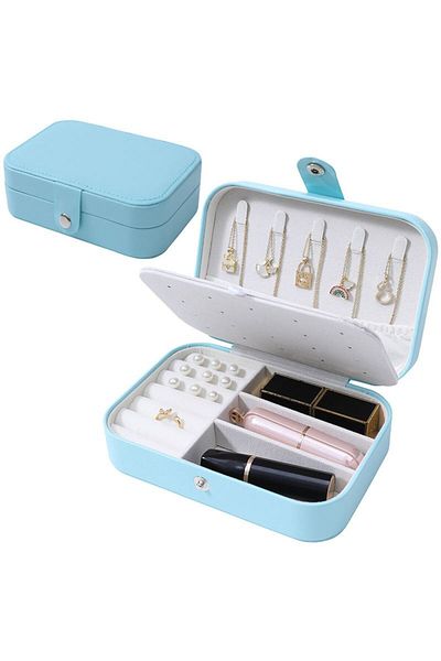 Chavin Blue Leather Travel Ring Earrings Necklace Jewelry Box st1-65mv