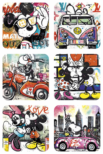 Hayat Poster snopy mickey mouse minnie mause çizgi film genç çocuk retro ahşap 6lı bardak altlığı seti