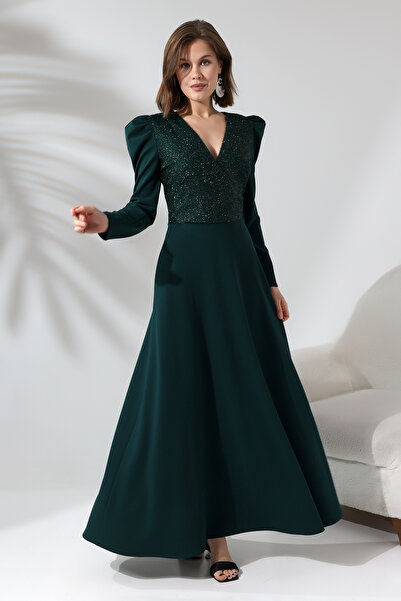 Fasmia فستان أخضر لامع بأكمام جيجوت وياقة متقاطعة F141