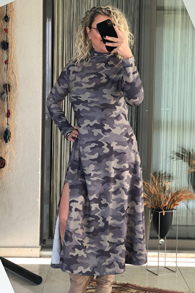 Dila Butik Yırtmaç Detaylı Balıkçı Kamuflaj Elbise