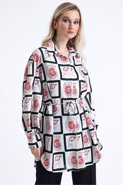 MD trend Women's Ethnic Patterned Balloon Sleeve Belted Oversize Satin Tunic