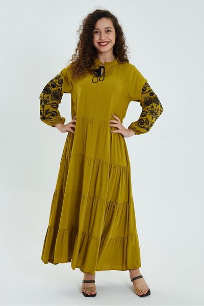 AYASOFYA OTANTIK Women's Mustard Sleeves Embroidery Detailed Long Sleeve Ethnic Authentic Long Dress