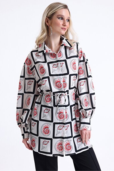 MD trend Women's Ethnic Patterned Balloon Sleeve Belted Oversize Satin Tunic