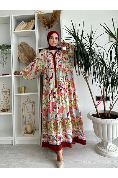 Qenz Katleya Pattern Dress - Claret Red