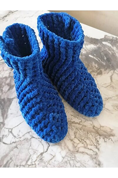 MERUT STYLE HAYATINI RENKLENDİR Ev Botu Panduf Kadife Ip Mavi Düğme Detaylı El Örgüsü