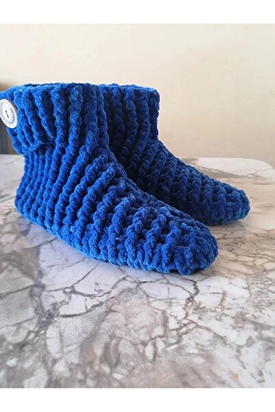 MERUT STYLE HAYATINI RENKLENDİR Ev Botu Panduf Kadife Ip Mavi Düğme Detaylı El Örgüsü