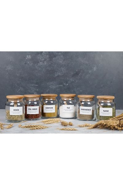 Karçiçeği Home 6-Piece Vacuum Lid with Spoon 300 ml Glass Jar Food Container with Spice Jar Label Gift