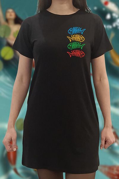 Kurun's Collection Rochie tricou din bumbac lycra negru cu mânecă scurtă, cu imprimeu normal