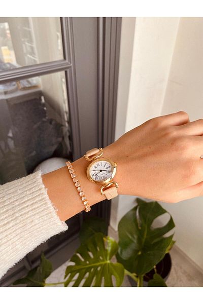 LOOKUP NEW Paula Unisex Women's Minimal Vintage Cream Beige Cream Round Oval Leather New Season Wristwatch