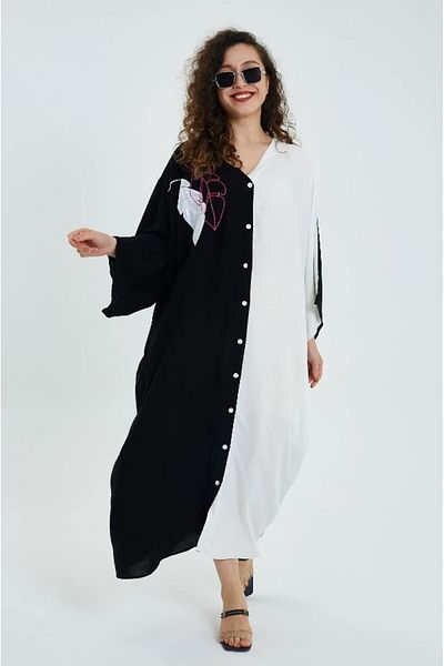 AYASOFYA OTANTIK Rochie de damă, alb-negru, cu aplicație pe spate, cu broderie de frunze