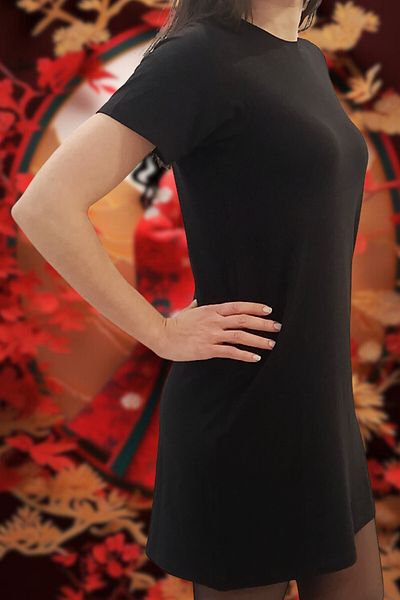 Kurun's Collection Bumbac Lycra Negru - Rochie tricou neimprimată cu mânecă scurtă, cu ajustare normală