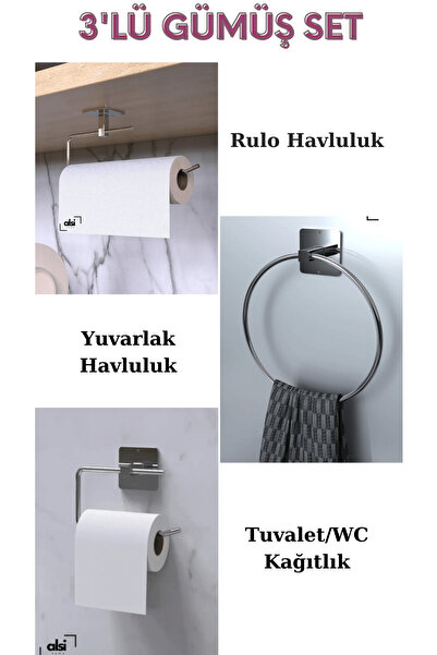 ALSİ HOME Yapışkanlı Gümüş Rulo Havluluk Wc Tuvalet Kağıtlık ve Yuvarlak Havl...