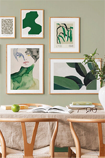 no77decor 5 Parça Green Watercolur Tarzında (AHŞAP ÇERÇEVE GÖRÜNÜMLÜ) Tablo Seti