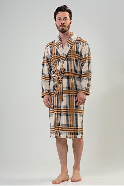 VİENETTA Men's Fleece Sal Collar Long Sleeve Long Dressing Gown 
 , 201032