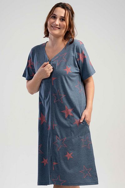 VİENETTA Plus Size Short Sleeve Zipped Pocket Home Dress
,110012