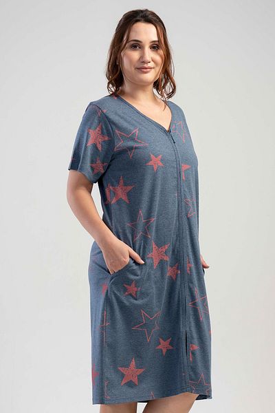 VİENETTA Plus Size Short Sleeve Zipped Pocket Home Dress
,110012