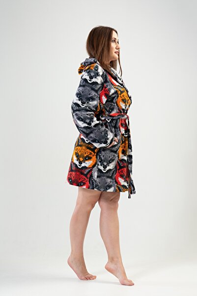 VİENETTA Women's Gray Fleece Large Size Hooded Short Dressing Gown