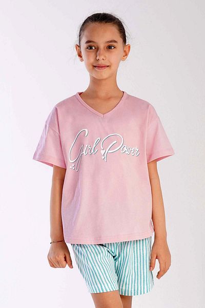 VİENETTA Cotton Girl's V-neck Low Shoulder Short Sleeve Shorts Pajamas Set
,212452
