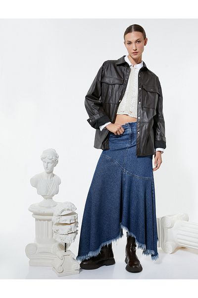 Koton Fustă midi Denim croială asimetrică Talie joasă tiv Bumbac cu ciucuri