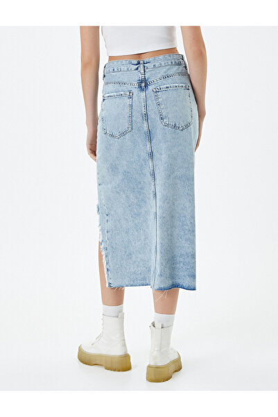 Koton Midi Denim Skirt Ripped Slit Detailed Standard Waist Pocket Cotton
