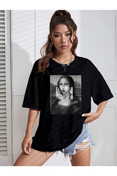 Boi MonaLisa Illust Ασπρόμαυρο μπλουζάκι μεγάλου μεγέθους με στάμπα-κοντομάνι...