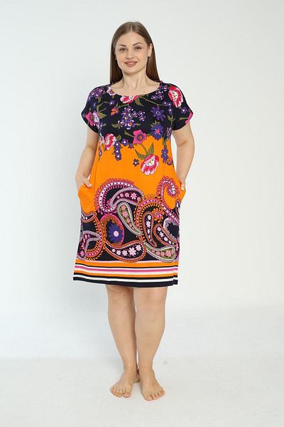 İntensive Women's Large Size Combed Cotton Modal Dress Pocketed Short Sleeve