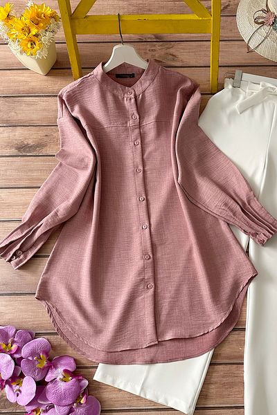 MODAQU Rosa Detail Ärmel Nervür Rahmen Leinen Hemd