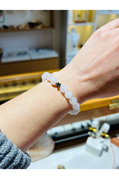 Luna سوار من حجر الكوارتز الوردي الطبيعي بتفاصيل نجمة الهيماتيت