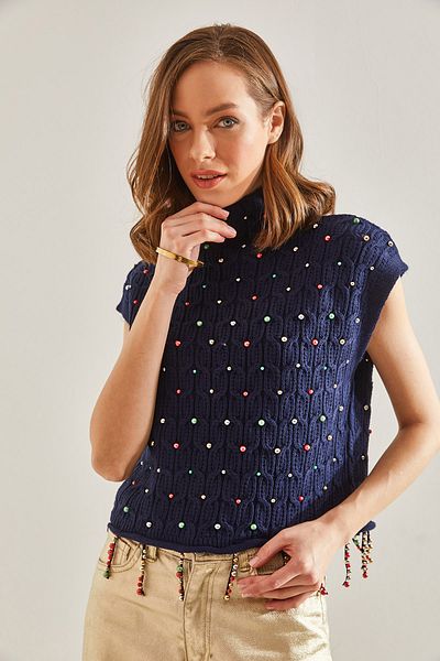 Bianco Lucci Damen Strickbluse mit geflochtenem Haar und Steinstickerei