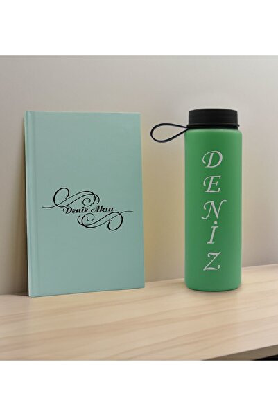 Bk Gift Kişiye Özel İsimli Su Yeşili Defter ve Yeşil Cam Matara Hediye Seti-3, Sevgiliye Hediye, Ark