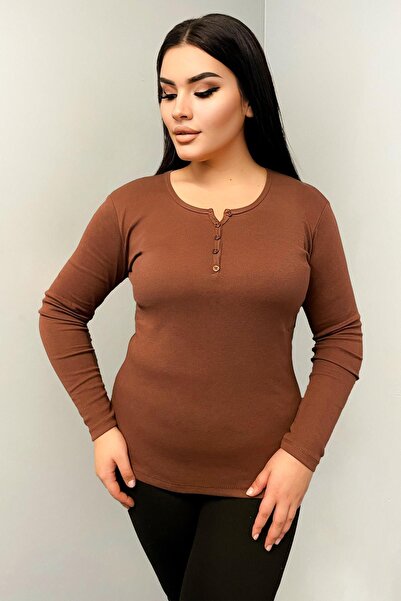 Siyezen Βαμβακερή μπλούζα μεγάλου μεγέθους με λεπτομέρεια κουμπιών, καφέ χρώμα