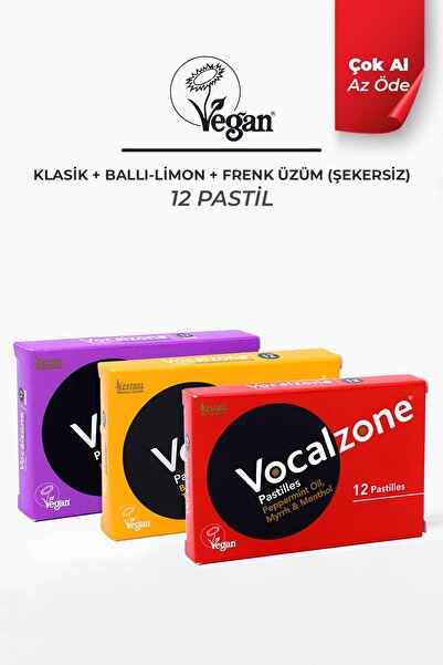 Vocalzone Klasik Pastil 12'li Ballı Limonlu Pastil 12'li Frenk Üzümlü (şeke