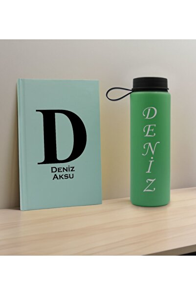 Bk Gift Kişiye Özel İsimli Su Yeşili Defter ve Yeşil Cam Matara Hediye Seti-5, Sevgiliye Hediye, Ark