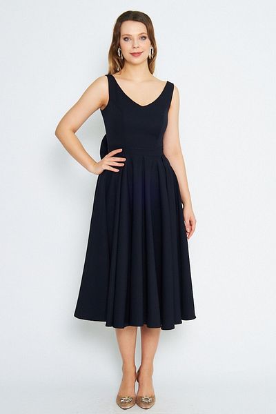 Bidoluelbise Women's Back Bow Ornamental Buttoned V-Neck Pleated Midi Flared Navy Blue Evening Dress