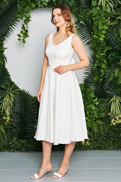 Bidoluelbise Kadın Sırtı Fiyonklu Süs Düğmeli V Yaka Pileli Midi Kloş Beyaz Abiye Elbise