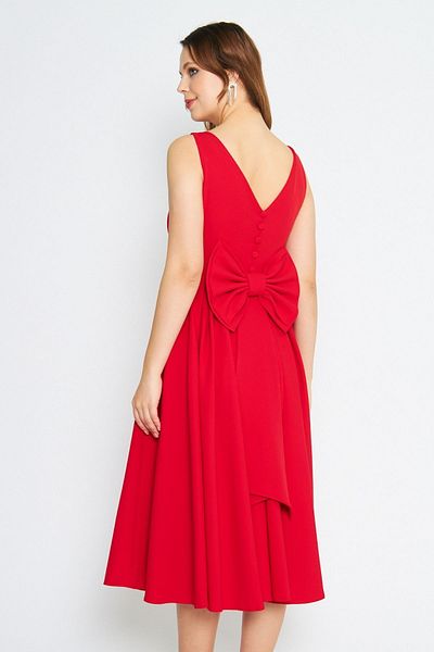 Bidoluelbise Women's Back Bow Ornamental Buttoned V-Neck Pleated Midi Flared Red Evening Dress
