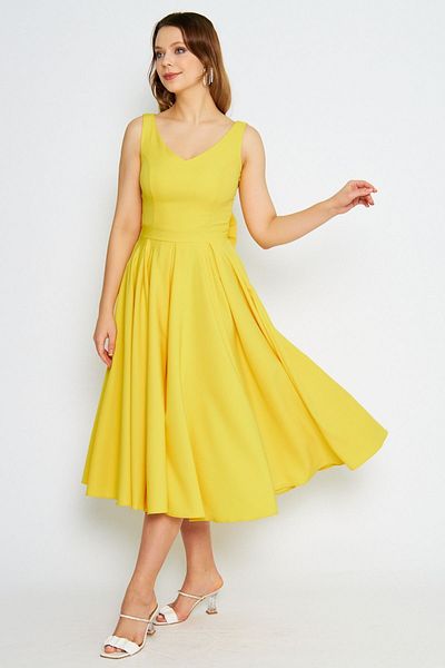 Bidoluelbise Women's Back Bow Ornamental Buttoned V-Neck Pleated Midi Flared Yellow Evening Dress
