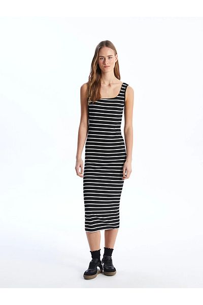 LC Waikiki LCW Vision U-Kragen-gestreiftes Damenkleid