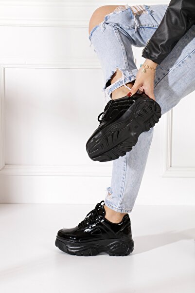 İmerShoes Günlük Kadın Siyah Rugan Spor Ayakkabı Bağcıklı Kalın Hafif Yüksek Taban Sneaker 001