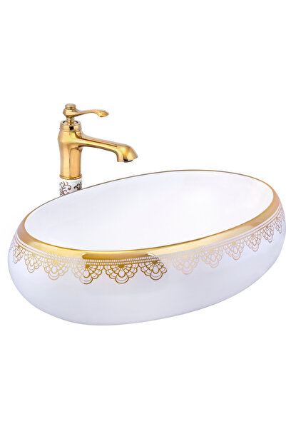 İSAOĞLU YAPI Altın Çanak Lavabo Gold Beyaz Seramik Lavabo İşlemeli Vintage 60...