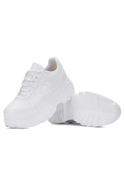 İmerShoes Günlük Kadın Beyaz Rugan Spor Ayakkabı Bağcıklı Kalın Hafif Yüksek Taban Sneaker 001