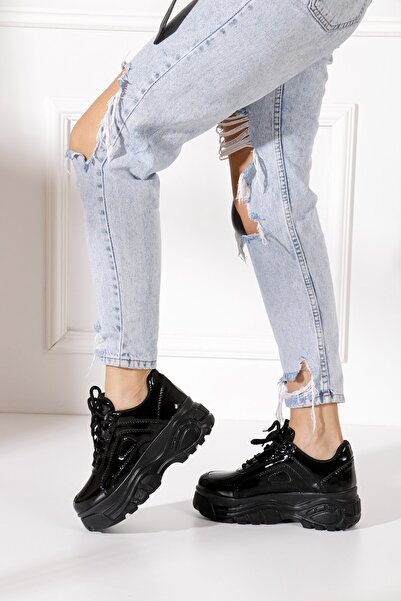 İmerShoes Günlük Kadın Siyah Rugan Spor Ayakkabı Bağcıklı Kalın Hafif Yüksek Taban Sneaker 001