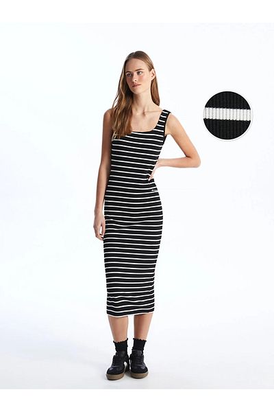 LC Waikiki LCW Vision U-Kragen-gestreiftes Damenkleid